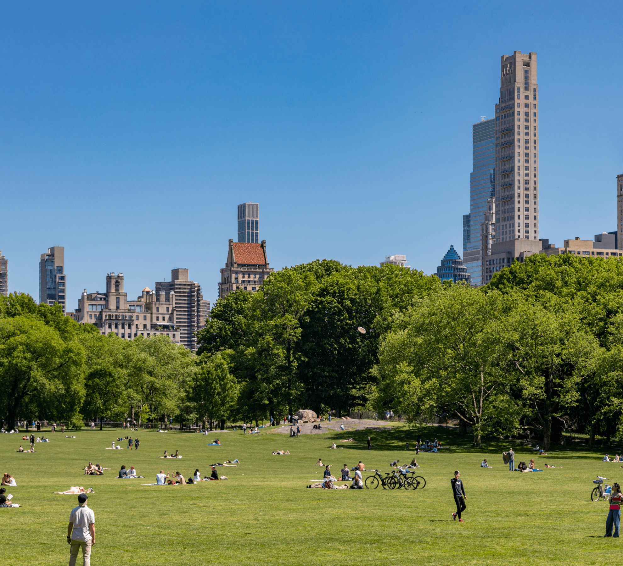 People enjoying a sunny day at the Great Lawn in Central Park, near The Henry Residences in UWS.