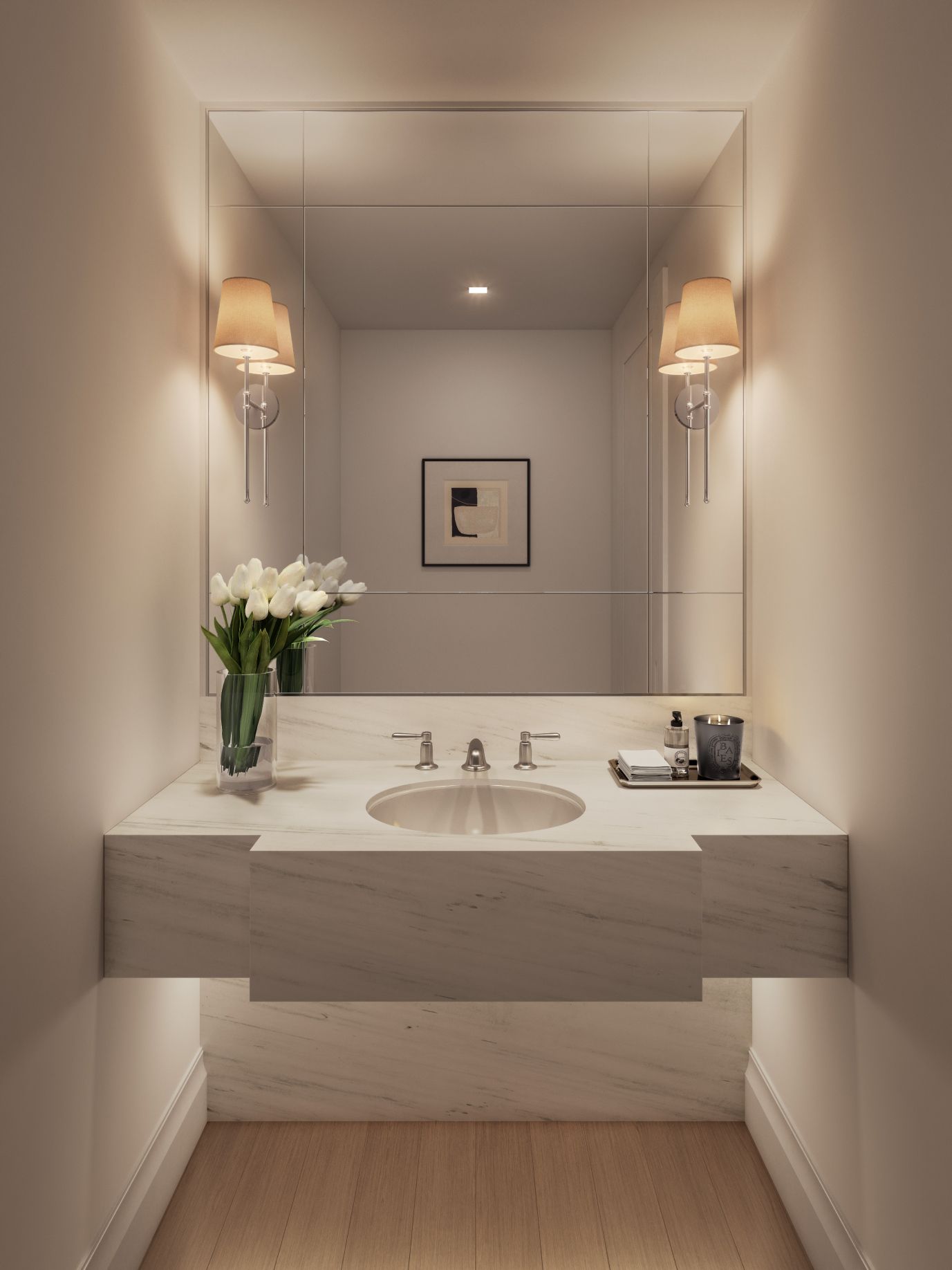 Elegant bathroom with a marble sink and mirror, located in The Henry Condominiums by Naftali Group, UWS new development.