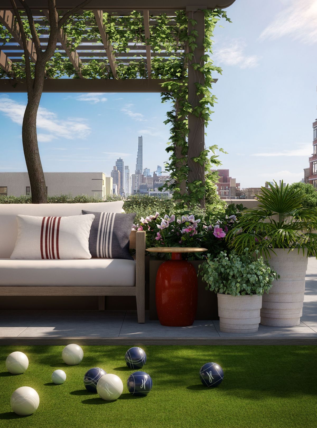 Serene patio overlooking the NYC skyline, showcasing the vibrant urban landscape from The Henry Residences in UWS.