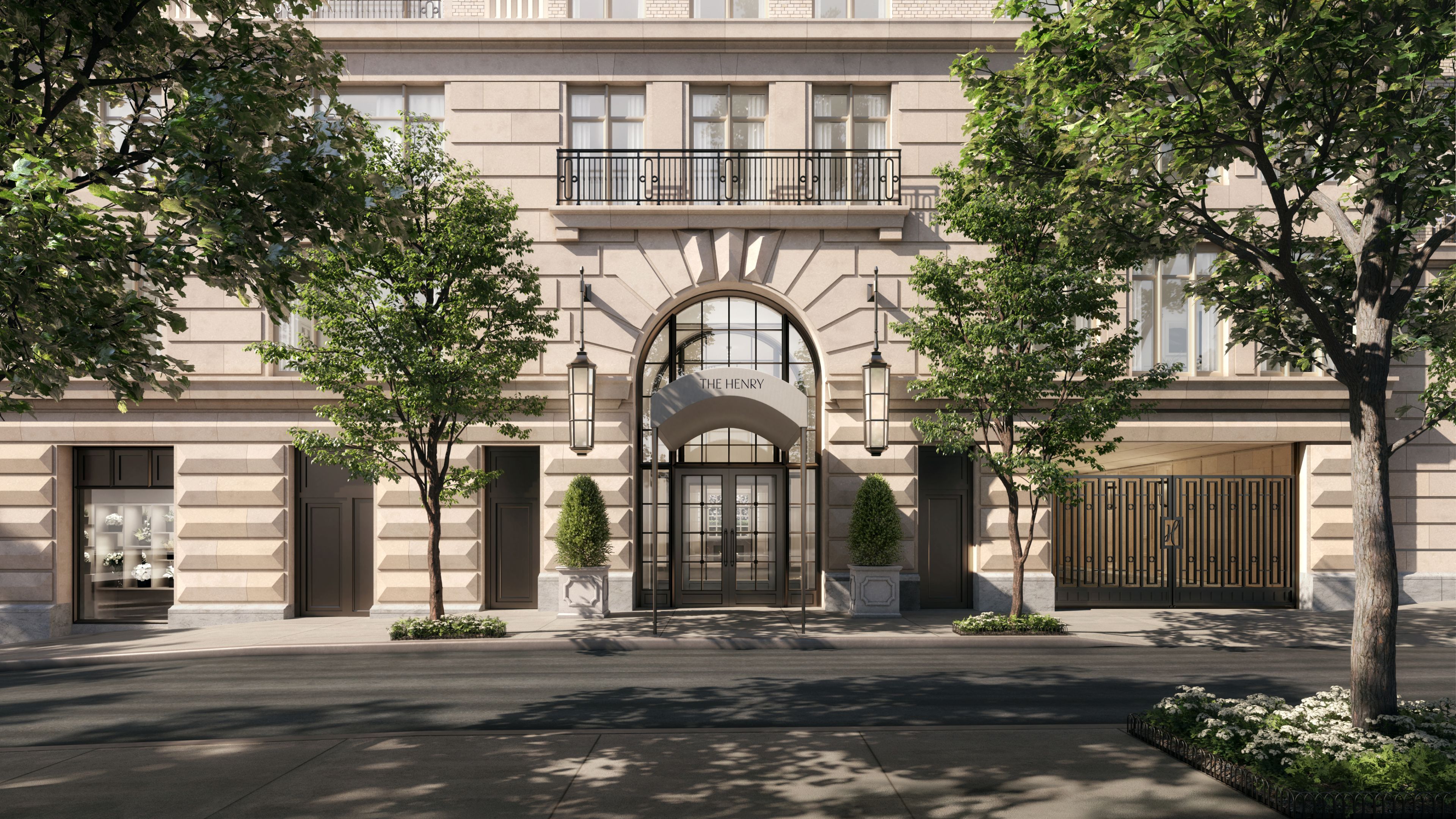 Exterior view of entrance of The Henry, brand new UWS condominiums by Naftali group.