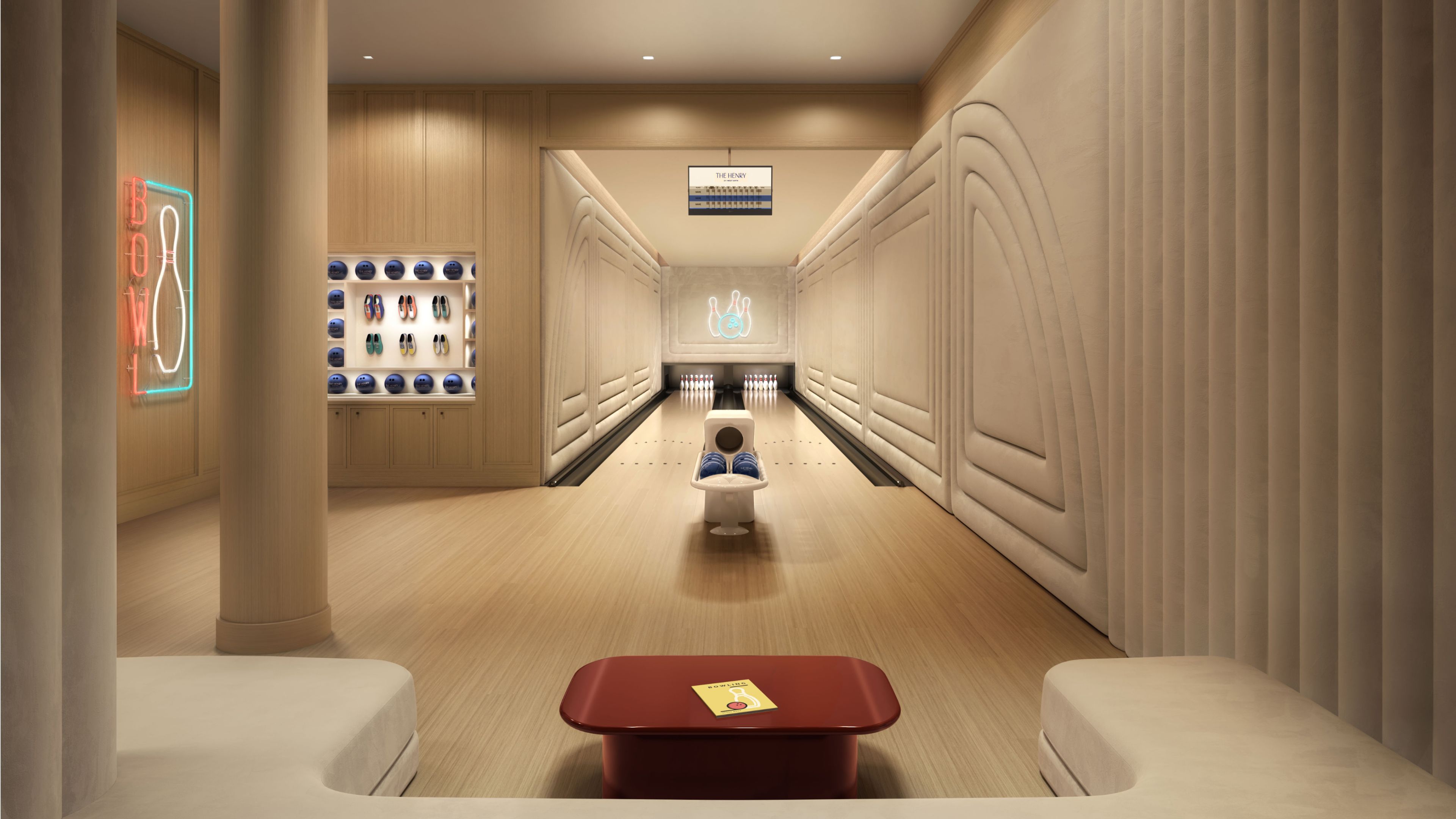 A luxury bowling alley amenity at The Henry Residences at 211 West 84th Street, Upper West Side new developments.