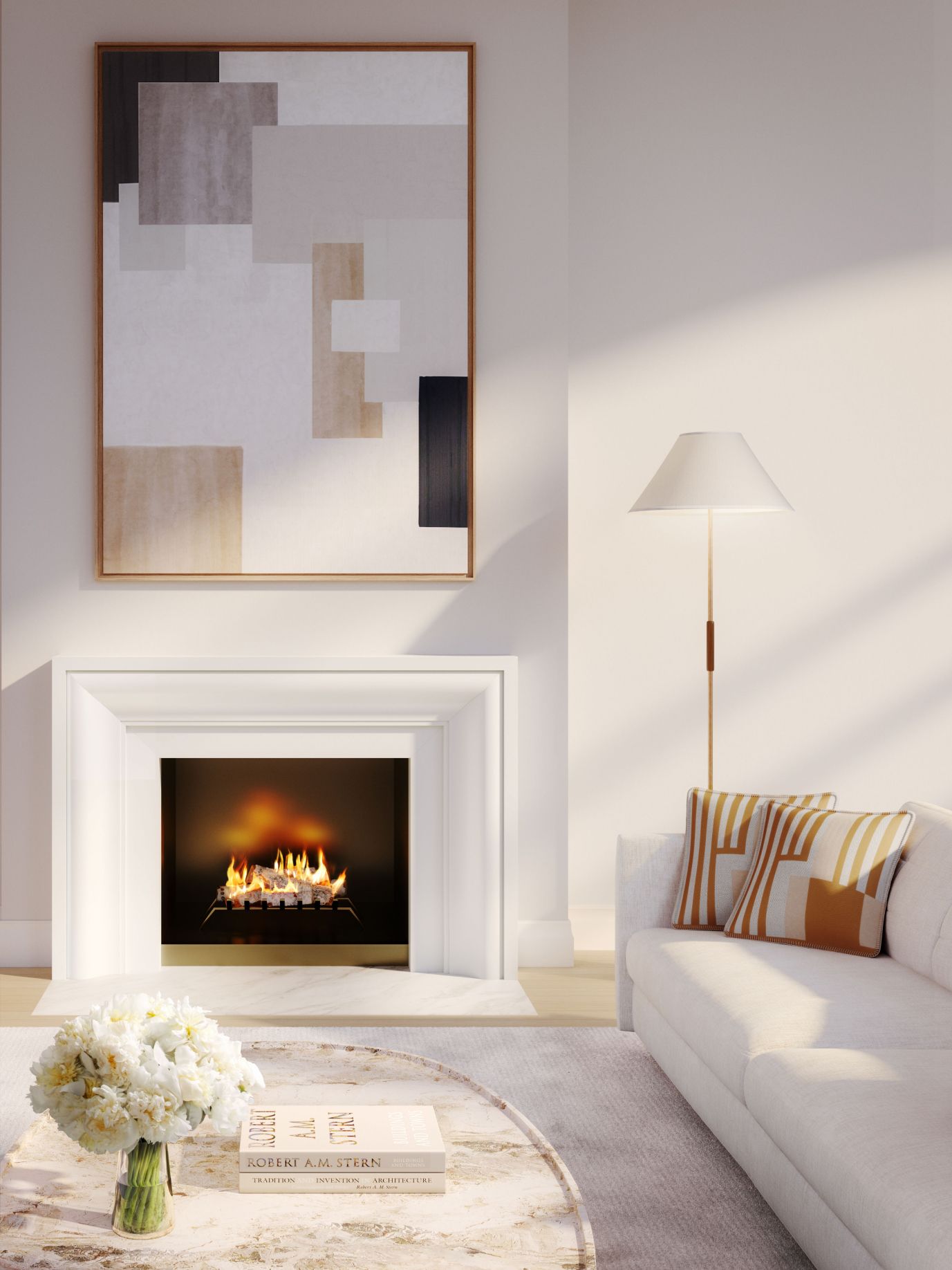 Elegant living room showcasing a fireplace and white decor at The Henry UWS condominiums developed by Naftali Group.