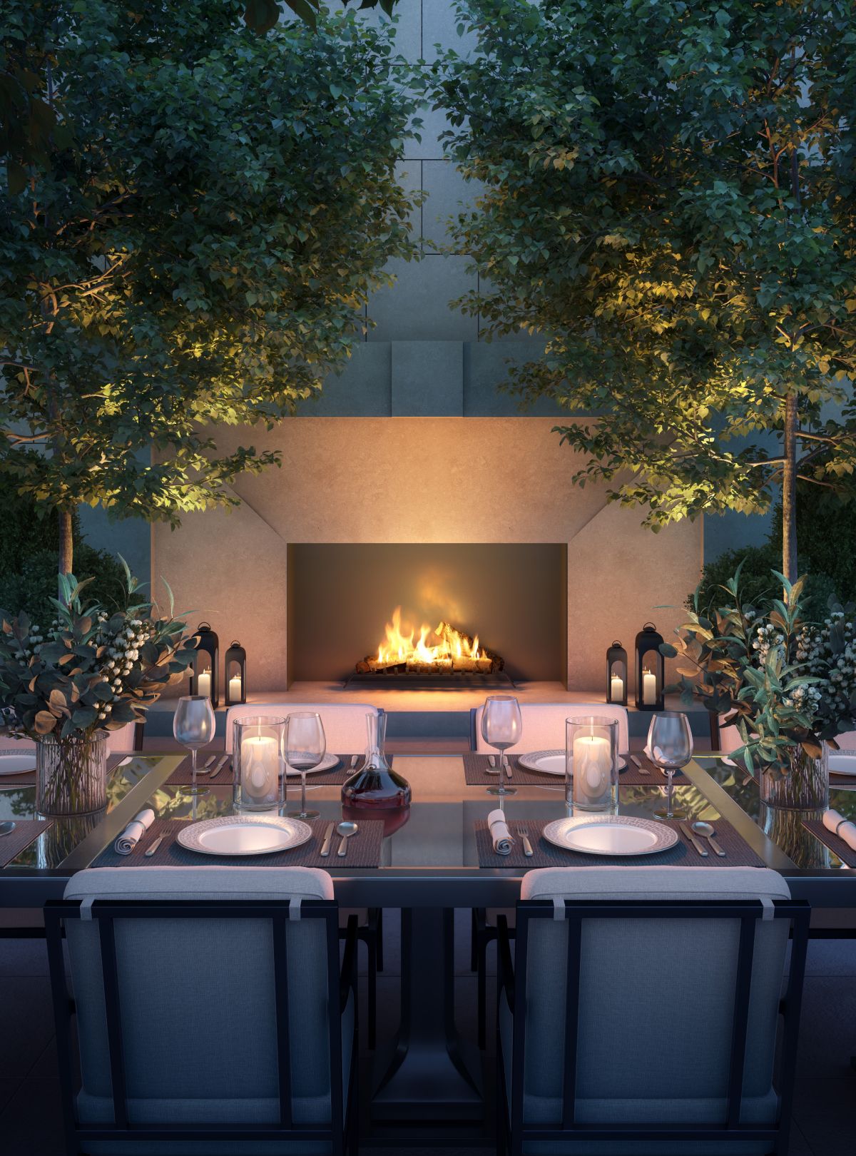 Elegant outdoor dining space with fireplace and trees, at penthouses & townhouses of The Henry Residences by Naftali Group.