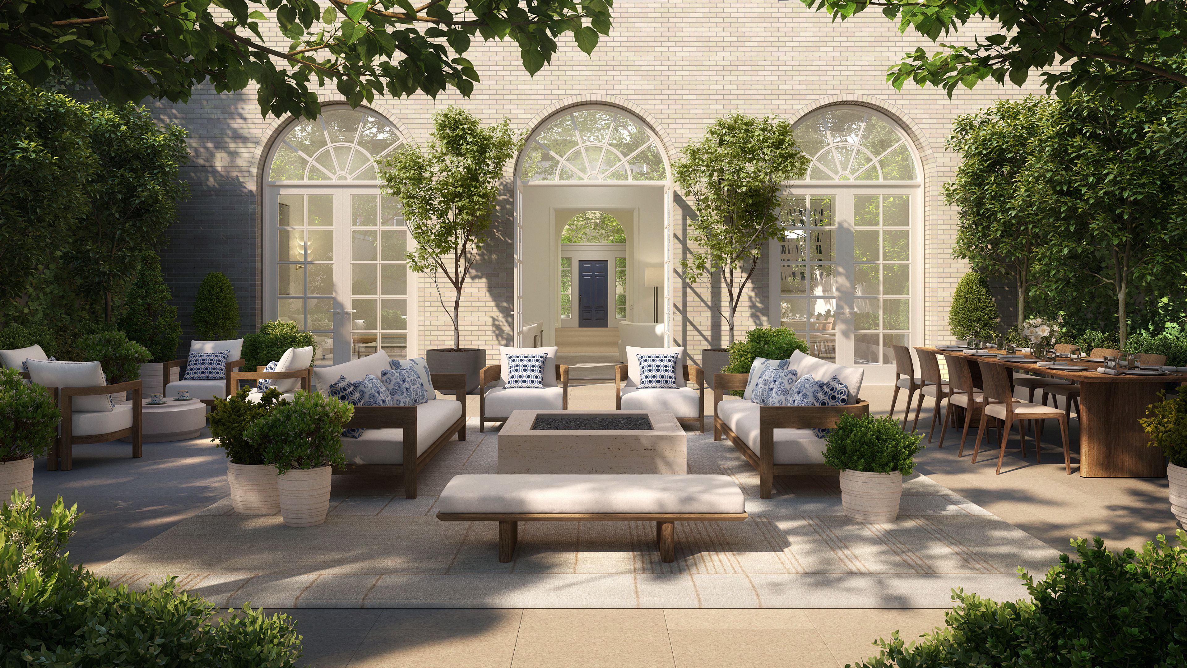 Spacious townhouse courtyard with elegant seating and private gardens at The Henry, Upper West Side condominiums.