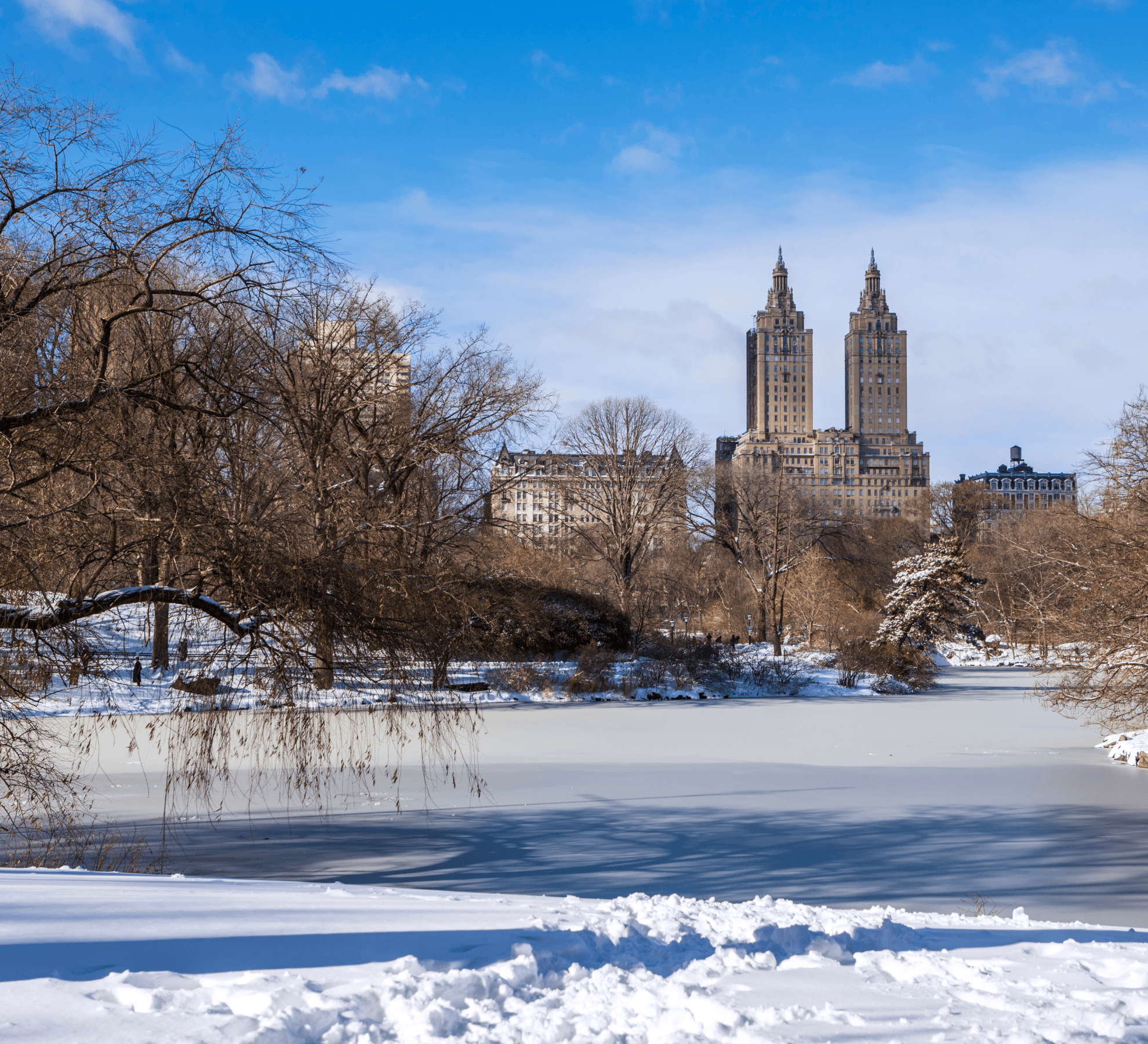 A serene snowy scene in Central Park, showcasing the beauty of winter near The Henry Residences in Upper West Side.