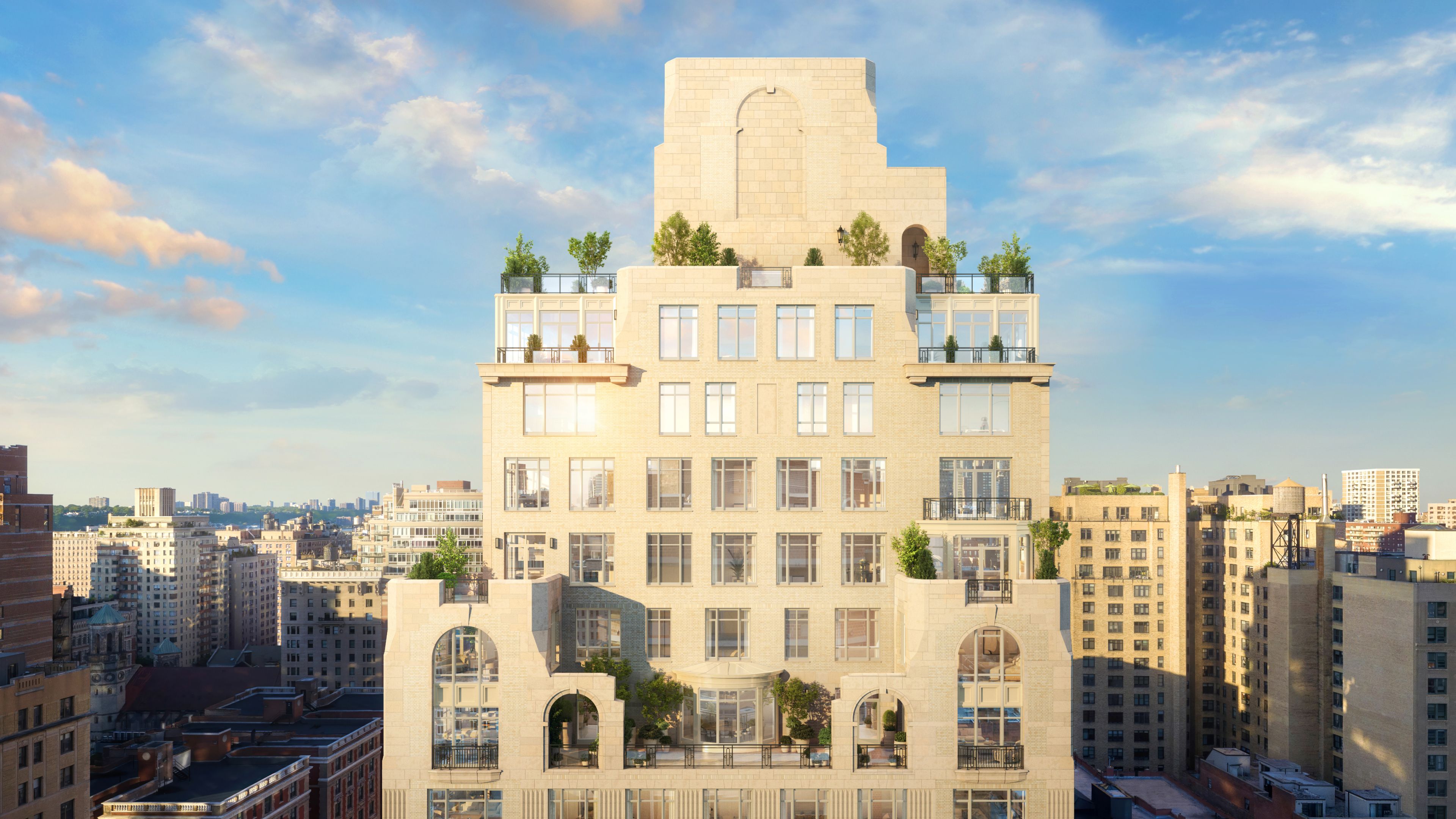 Exterior view of The Henry Residences by Naftali Group featuring rooftop terraces in Upper West Side NYC.