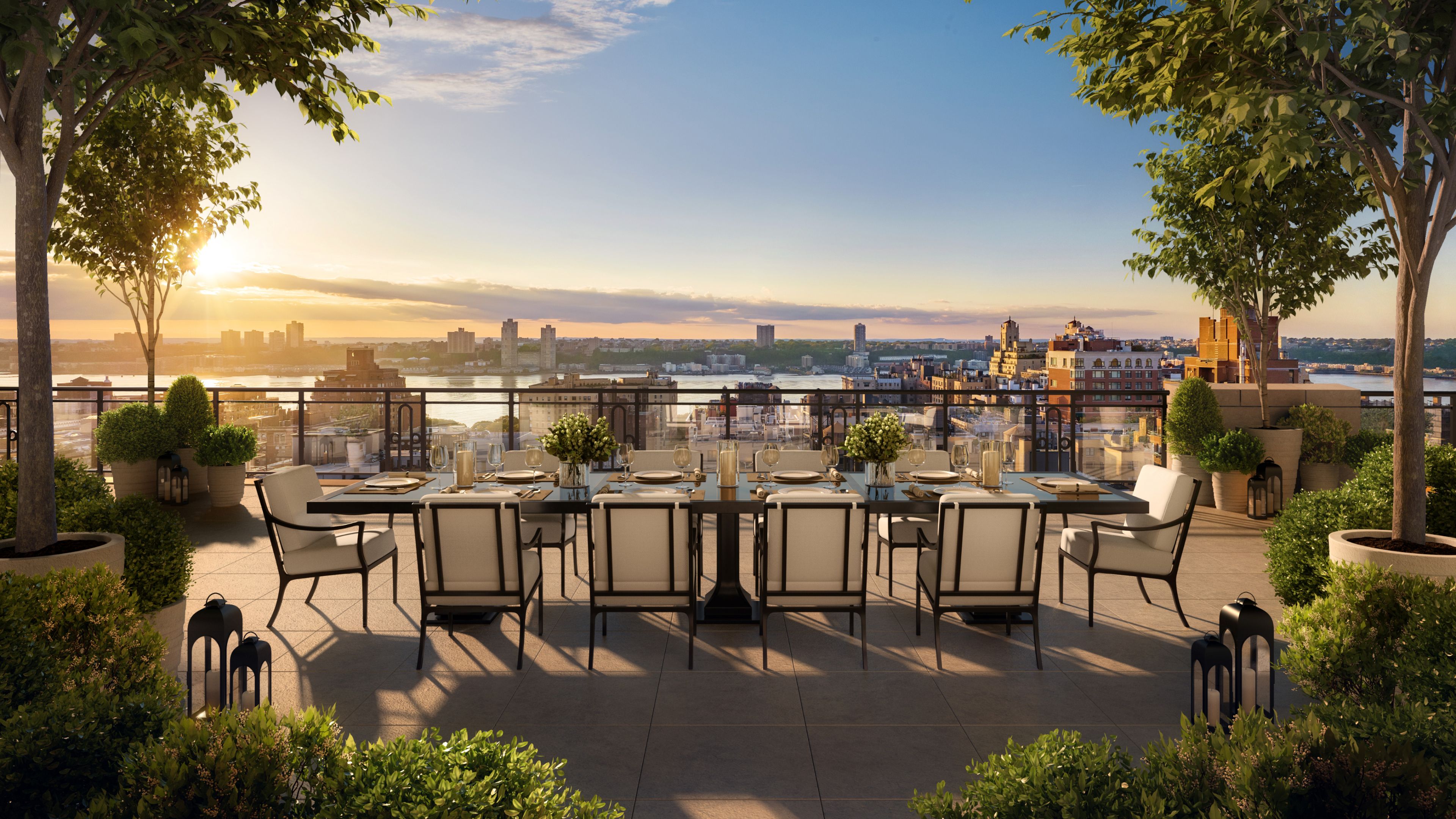 Rooftop terrace at The Henry penthouses & townhouses, showcasing stunning views of the Upper West Side in New York City.