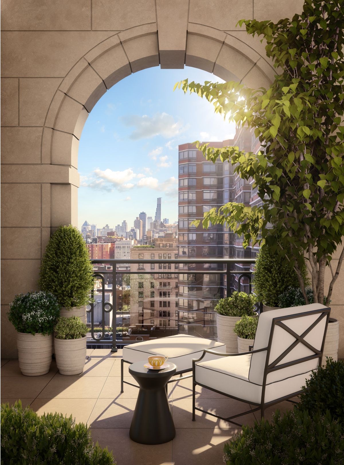 Unique architecture featuring terrace with arch overlooking NYC city views at The Henry UWS Condominiums by Naftali Group.