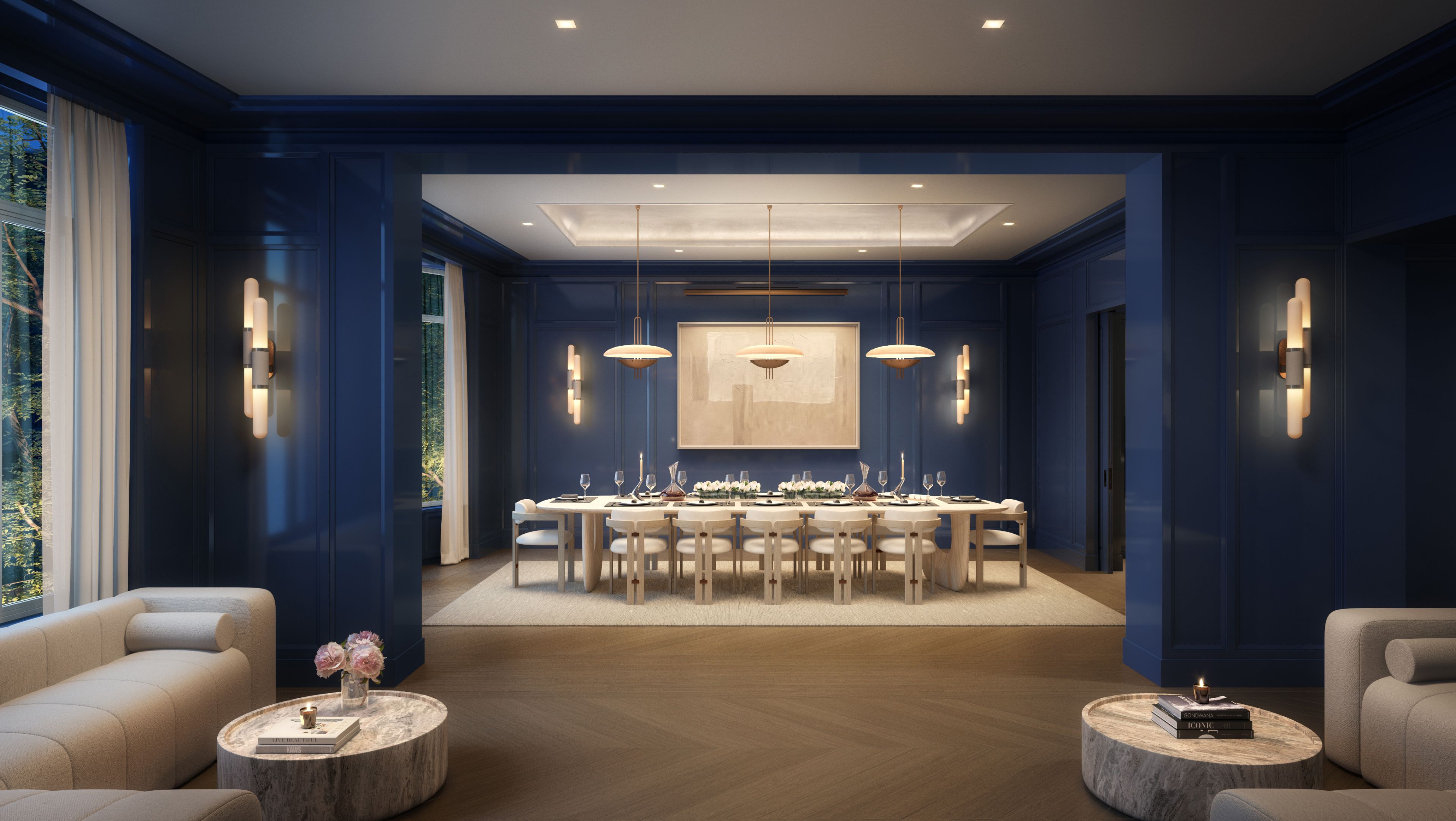 A private dining room featuring blue walls and white furniture, part of The Henry Residences' elegant amenities.