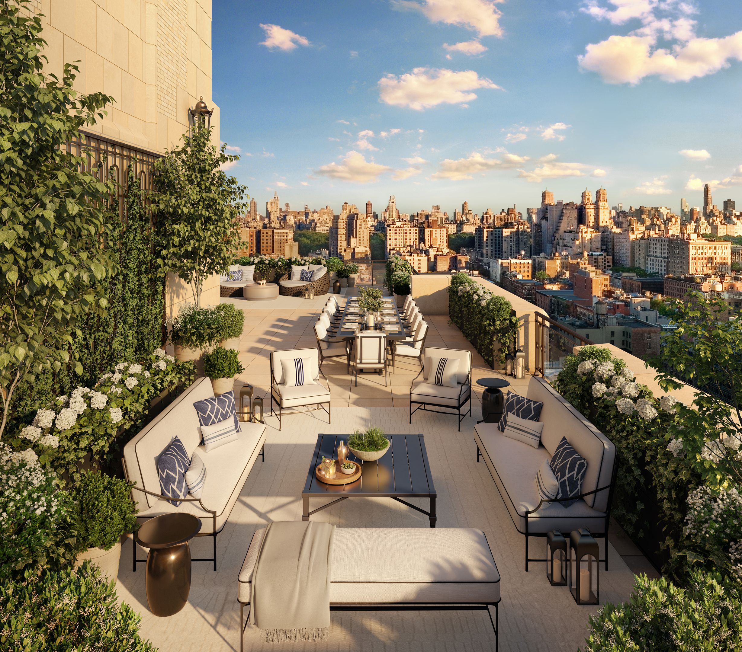 Generous terraces invite effortless lounging and gatherings against a stunning panorama of the Manhattan skyline..