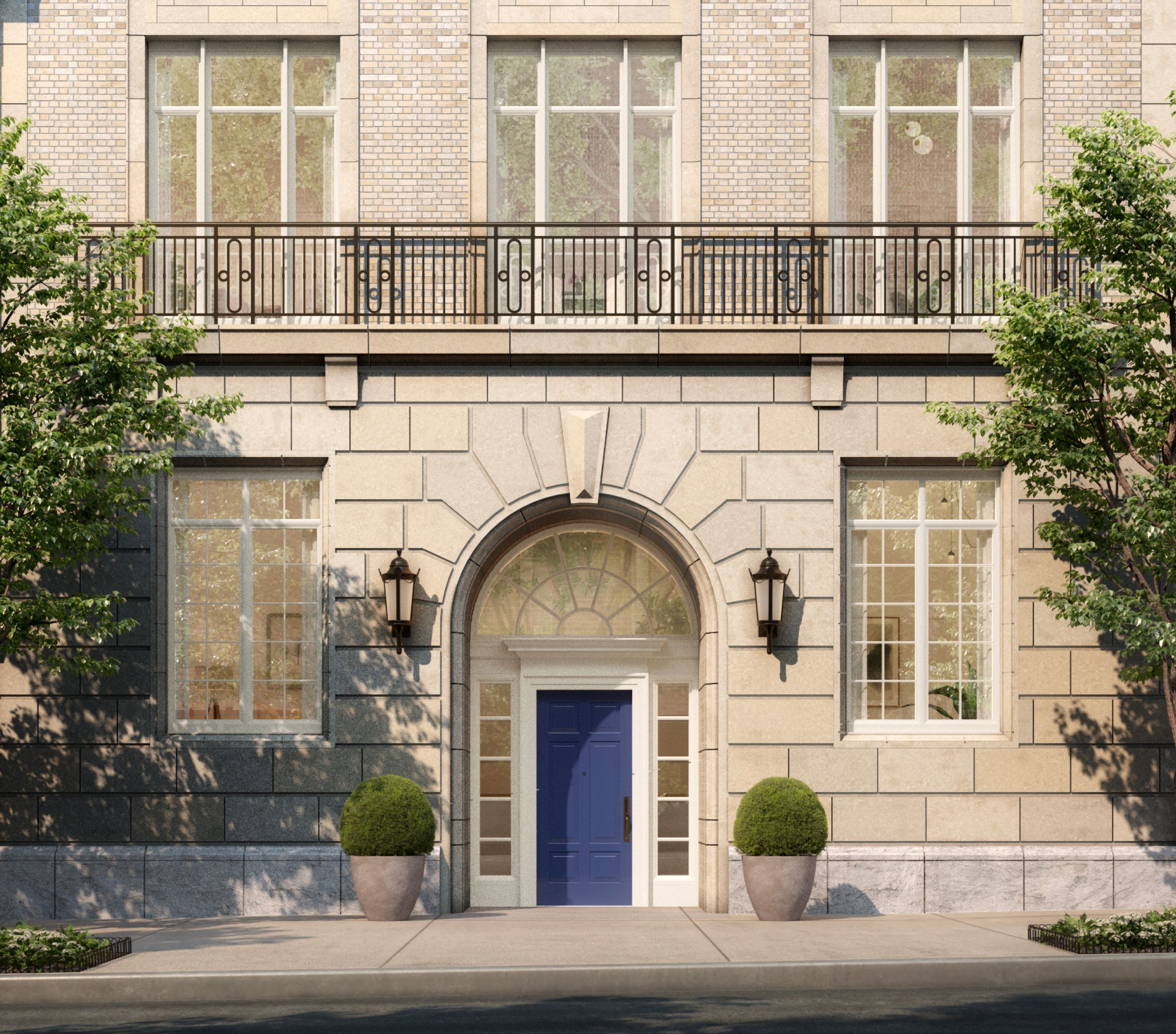 Exterior view of The Henry Residences featuring prominent blue door, showcasing its unique UWS townhouse design.