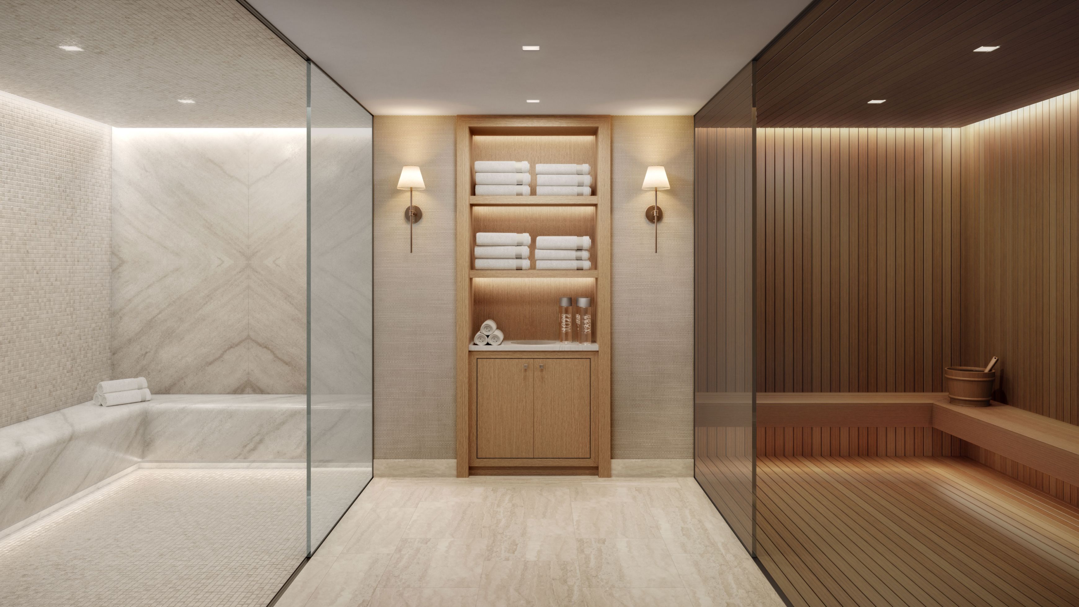 Modern SPA, featuring saunas with benches, highlighting luxurious amenities at The Henry Condominiums, Upper West Side NYC.