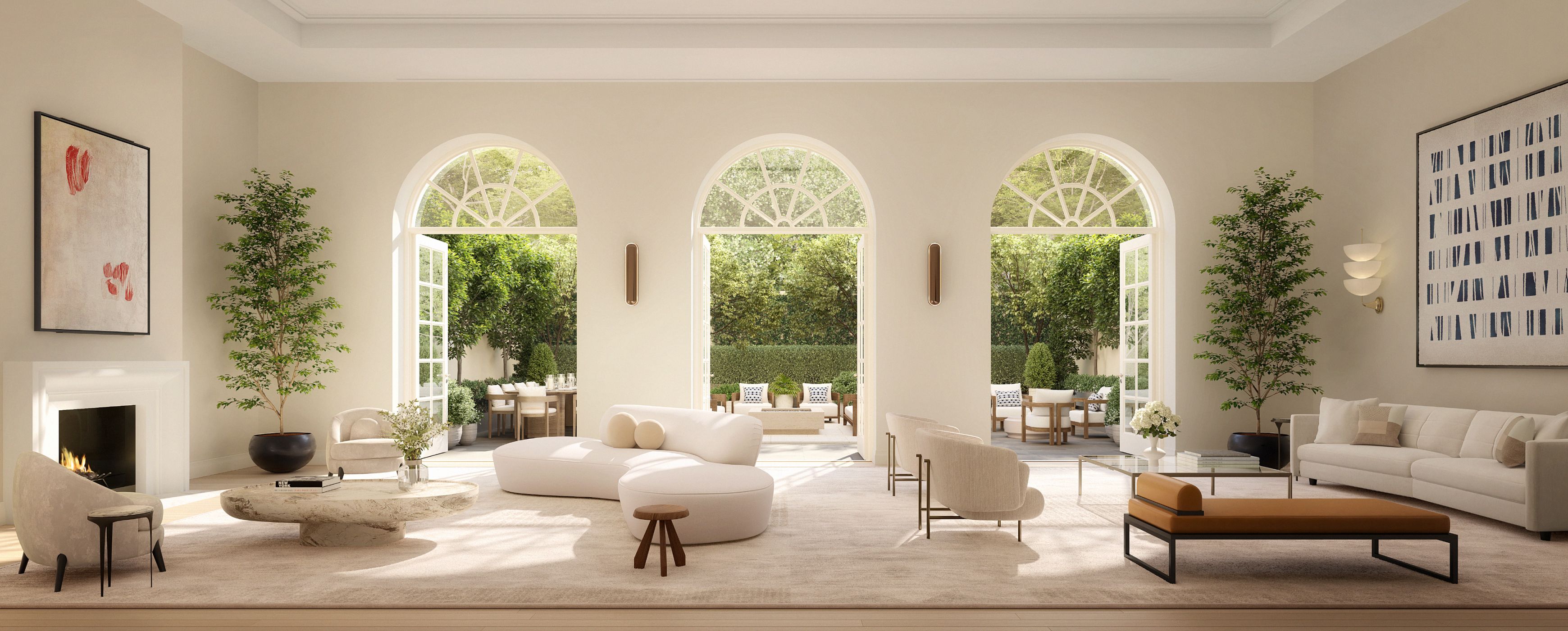 Spacious townhouse living room with arched windows & elegant furniture, showcasing luxury at The Henry Residences in UWS.