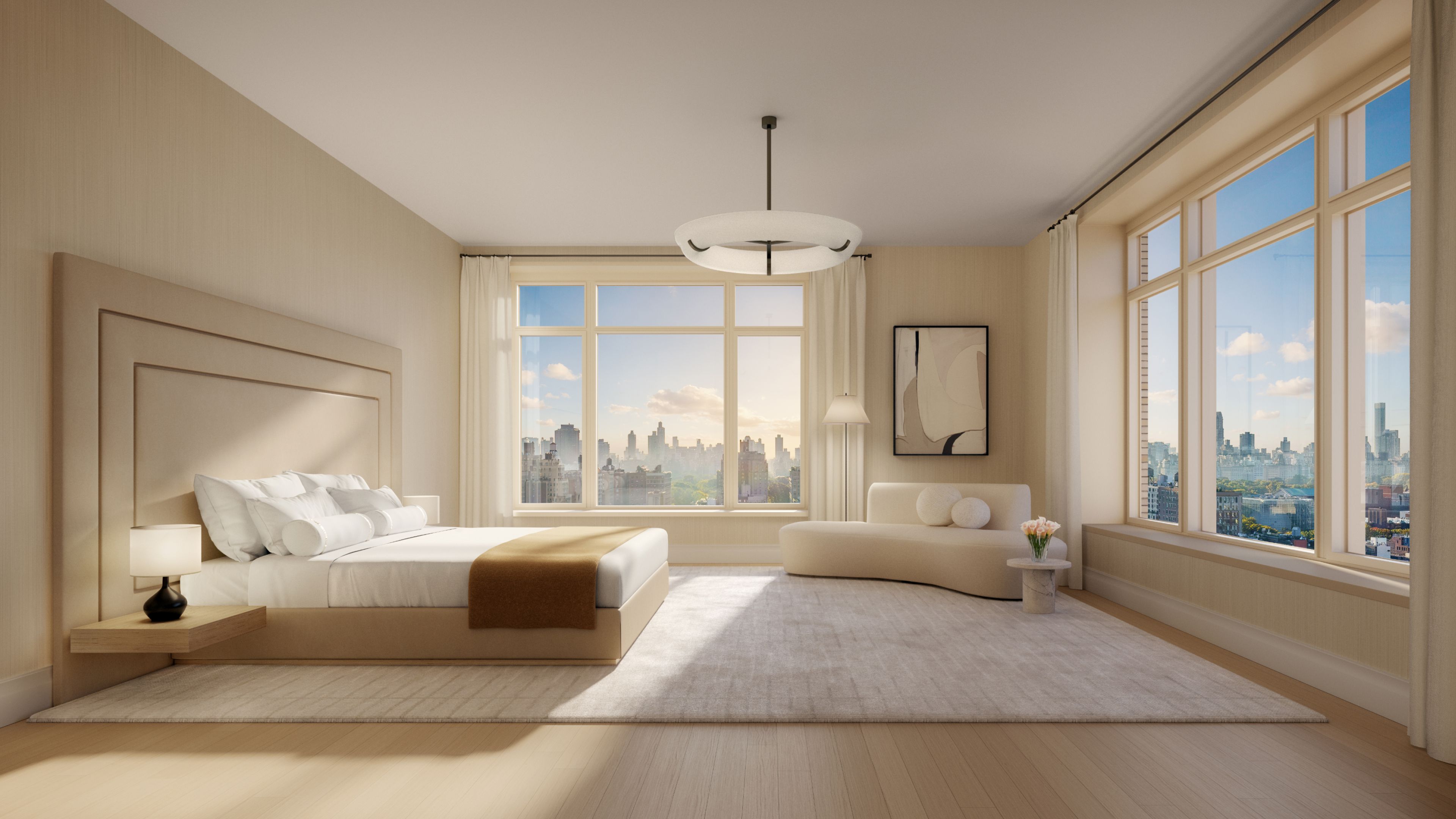 Elegant bedroom in The Henry Residences, featuring a breathtaking view of the NYC city skyline in the Upper West Side.