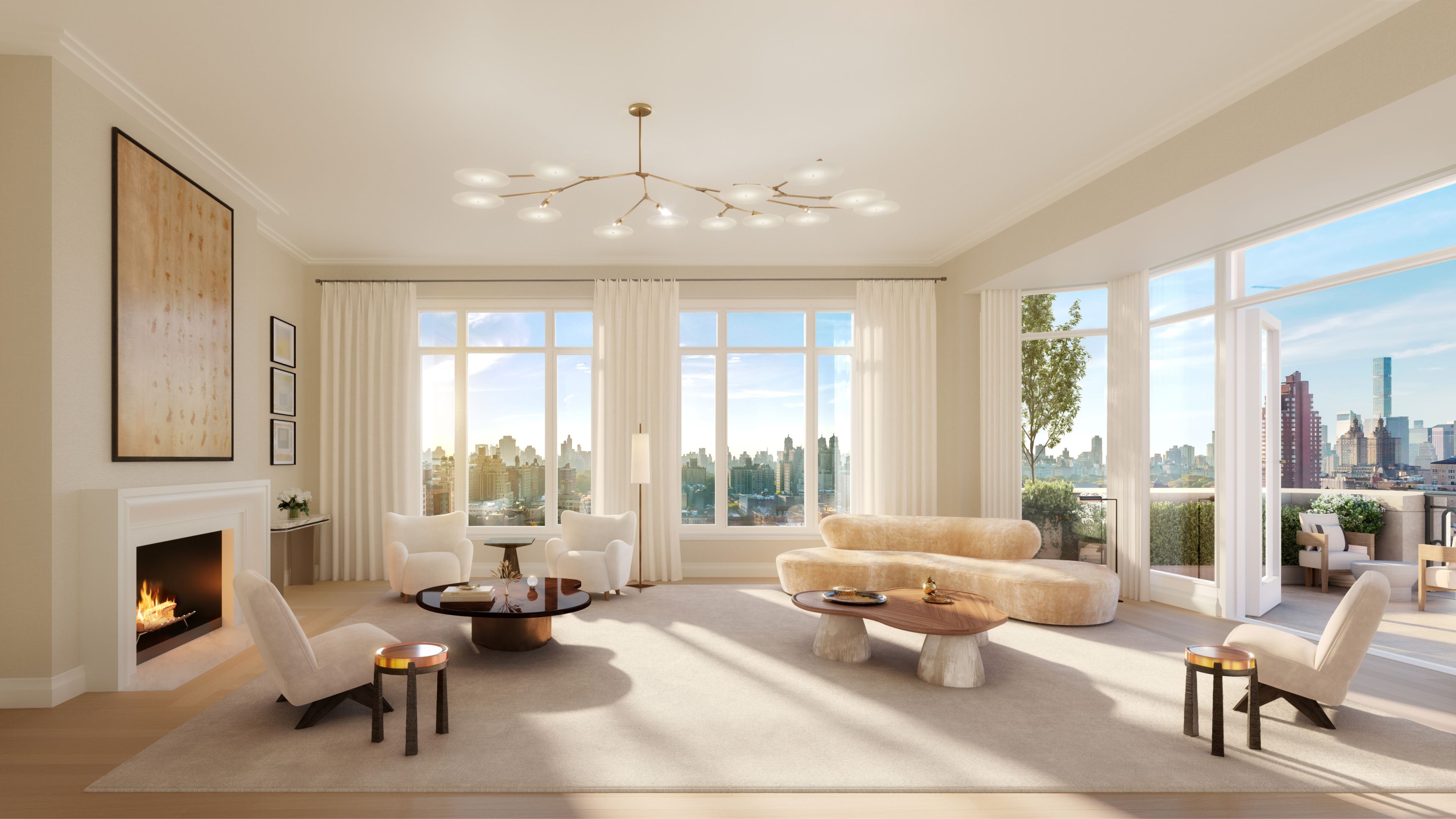 Bright living room with huge windows and cozy fireplace in a penthouse at The Henry Residences, Upper West Side condos.