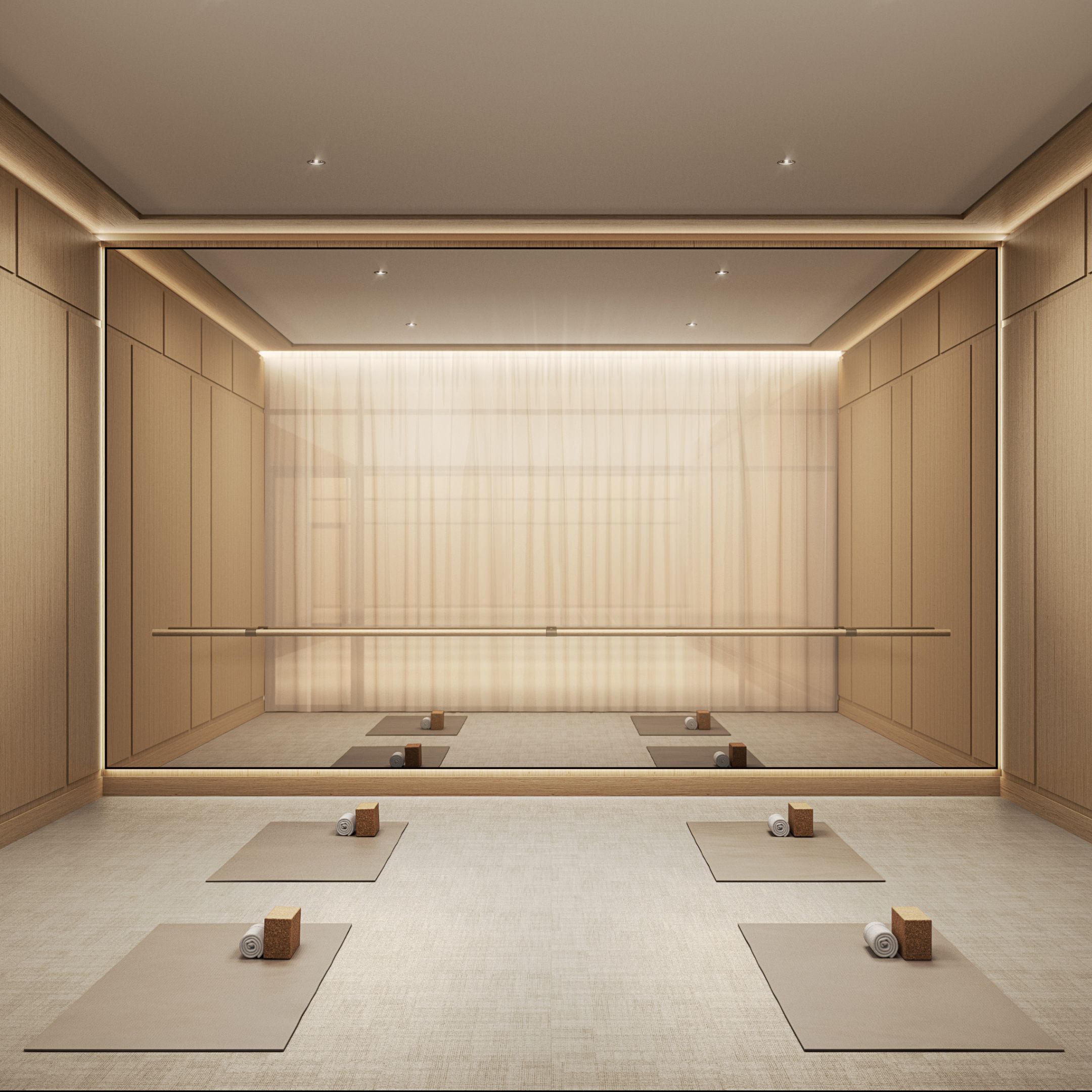 Yoga room with yoga mats and mirror wall, designed for relaxation and fitness at The Henry Residences in UWS, 211 West 84th.