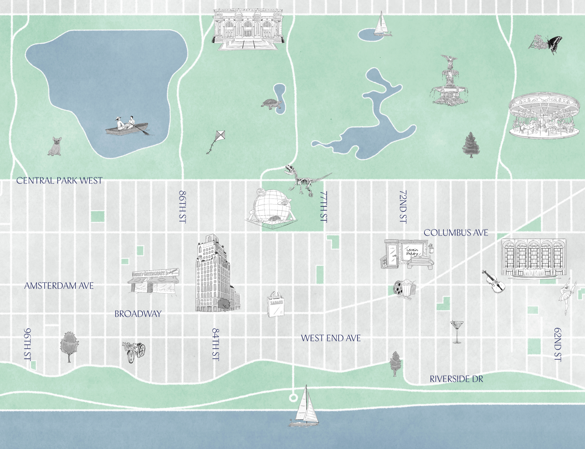 A detailed neighborhood map of the Upper West Side, around The Henry condominium by Naftali Group.